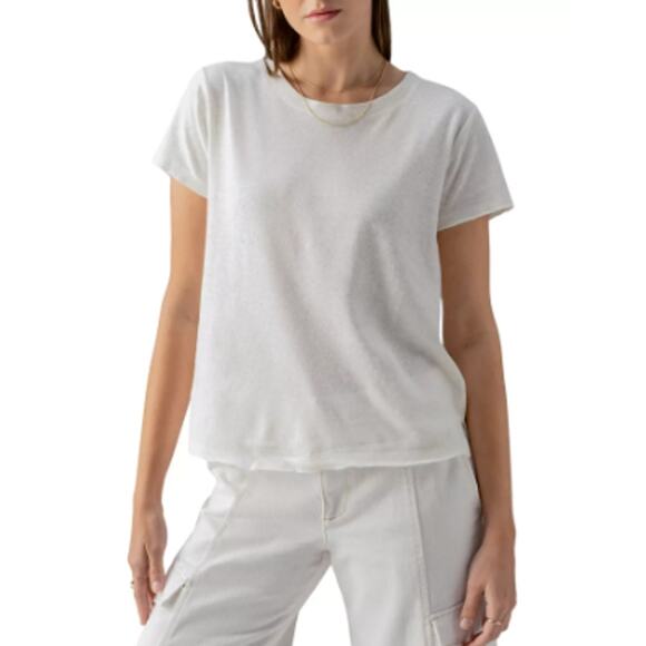 SANCTUARY TOP WOMENS SIZE LARGE 100% LINEN PERFECT TEE SHIRT WHITE NEW - Picture 1 of 12